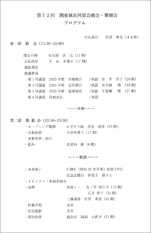 関東城岳同窓会　総会・懇親会